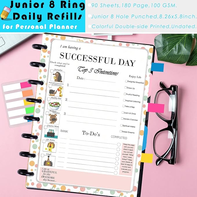 Rancco Discbound Junior Daily Planner Refills, 180 Pages 8 Disc Punched Half Letter Paper Inserts w/Index Tabs, Binder Dividers, Loose-Leaf Bag, Ruler For Circa, Arc, TUL, Happy Planner, 5.5x8.5"