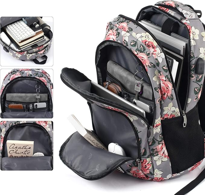 YAMTION Backpack for Women,School Backpack for Teen Girls College Backpack with USB Charging Port,Gray-Flower