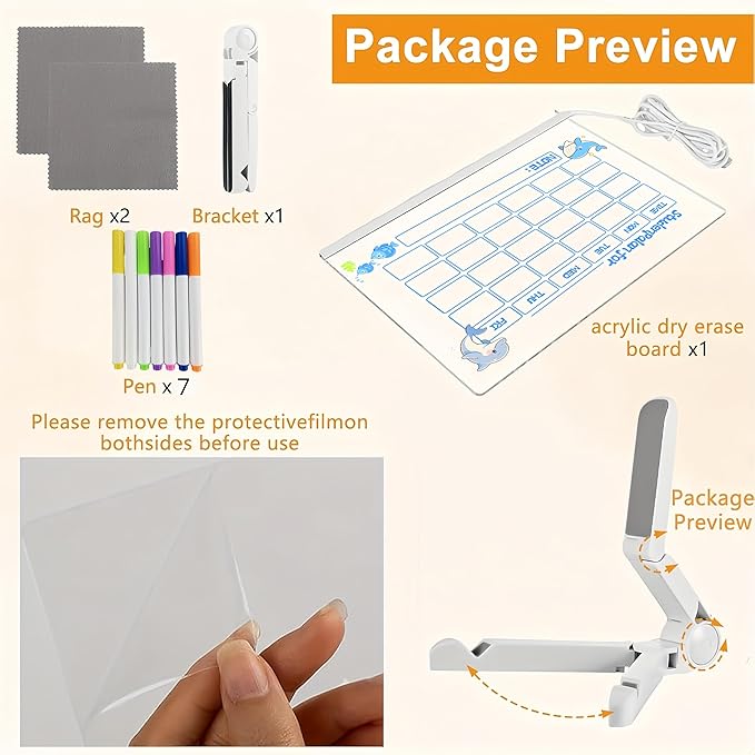 LED Acrylic Erase Board Calendar with Stand，Clear Desktop Calendar Whiteboard for Desk with 7 Color Markers Erasable Markers，Weekly&Monthly Planner，for Home, Office, School, Birthday Gift (Blue)