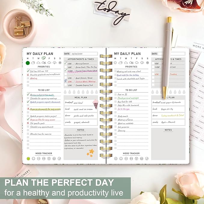 Daily Planner Undated - 6.5"x8.5" To Do List Notebook Spiral Appointment Planner to Organize Tasks & Boost Productivity, Perfect Office & School Supplies for Women & Men, Wildfloral