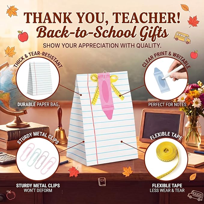 Tinlade 24 Sets Back to School Gift Bags for Teacher Students Lined Notebook Bags with Crayon Cards Ruler Ribbon Paper Clip Composition Book Classroom Decor for First Day of School Supplies Gift Wrap