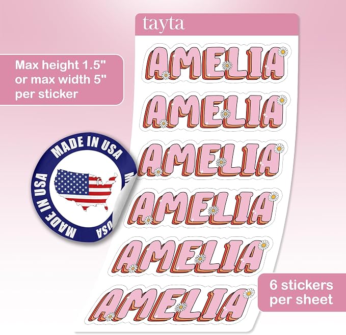 TAYTA (6pcs) Customized Name Stickers Sheet - Personalized Text, Waterproof | Custom Vinyl Name Label Decals, UV-Resistant, Suitable for Water Bottles, Cups, Tumblers, Helmets, Laptops, Cars, Doors - 5in
