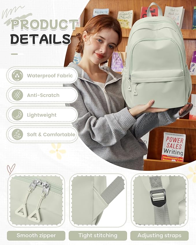 BJLFS Small Light Green Backpack for Women, Waterproof Backpack for Men, Lightweight Travel Back Pack Casual Daypack Rucksack