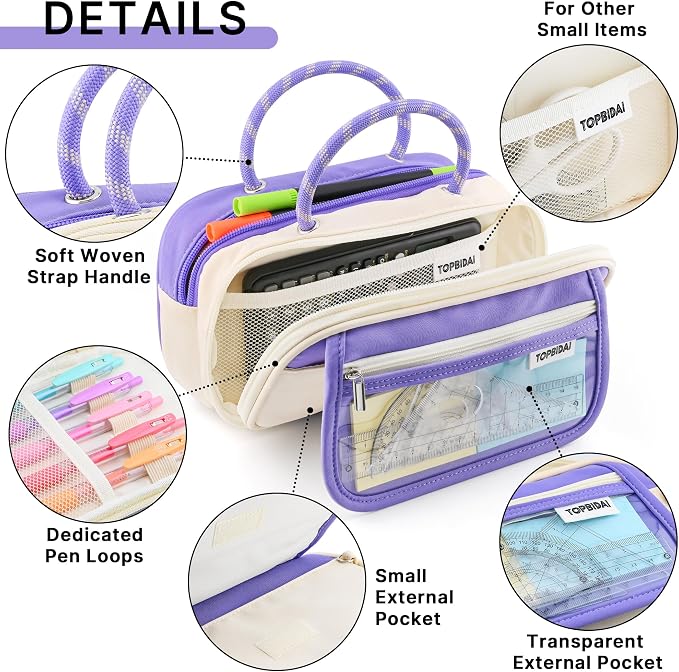 TOPBIDAI Large Pencil Case Pouch School Supplies for Girls Boy Women Men | Big Pencil Bag with 5 Compartments, Easy Grip Handle, Office College School Pencil Box