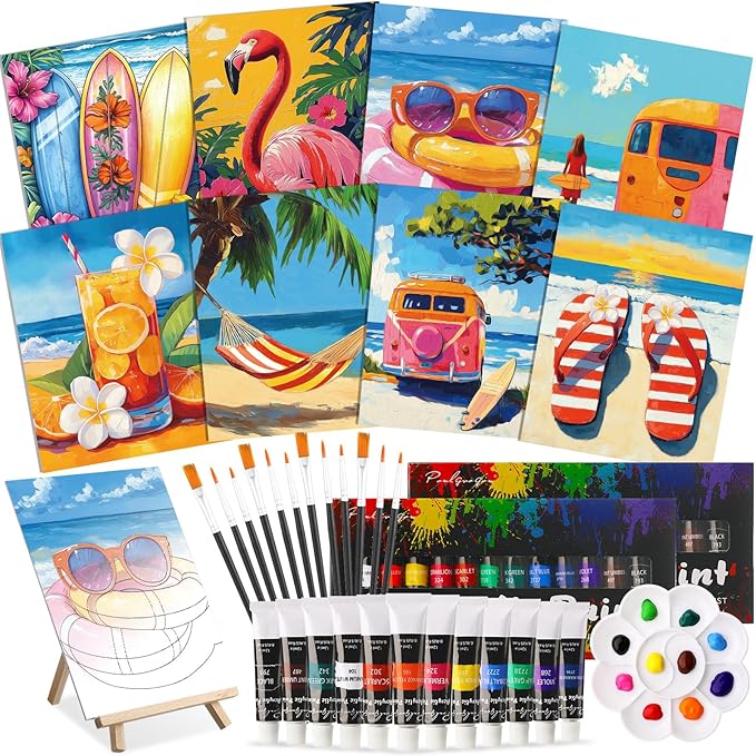 Cholemy 36 Pcs Paint and Sip Kit for Adults 8''x10'' Pre Drawn Canvas for Painting DIY Afro Acrylic Painting Kit Wood Easel Brushes Date Night Bulk for Father's Day Party Gifts(Hawaii)