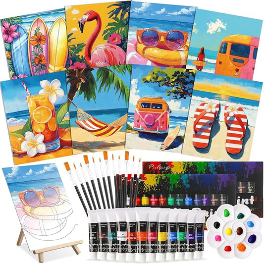 Cholemy 36 Pcs Paint and Sip Kit for Adults 8''x10'' Pre Drawn Canvas for Painting DIY Afro Acrylic Painting Kit Wood Easel Brushes Date Night Bulk for Father's Day Party Gifts(Hawaii)