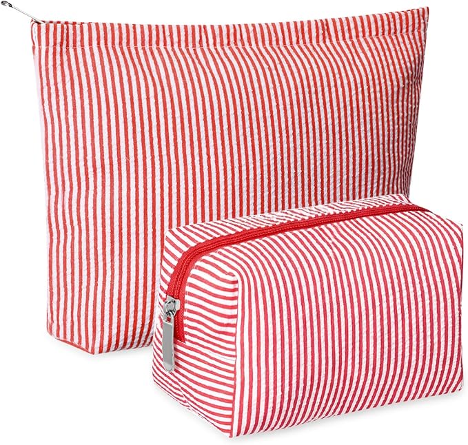 Huhumy 2 Pcs Makeup Bag Set for Women, Red, Thin Striped Seersucker | Cute Cosmetic Pouch Women Travel Toiletry Bag Preppy Small Makeup Purse Pouch Aesthetic Skincare Brushes Storage Organizer