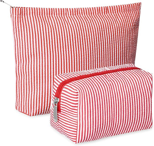 Huhumy 2 Pcs Makeup Bag Set for Women, Red, Thin Striped Seersucker | Cute Cosmetic Pouch Women Travel Toiletry Bag Preppy Small Makeup Purse Pouch Aesthetic Skincare Brushes Storage Organizer