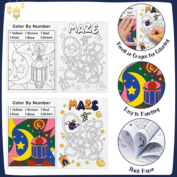 JAPBOR Ramadan Activity Coloring Books - Mini Happy Eid Mubarak Activities Color Book Bulk for Kids Party Favors, Ramadan Kareem Al Fitr Small Colour Pages for Class School Drawing Painting Games