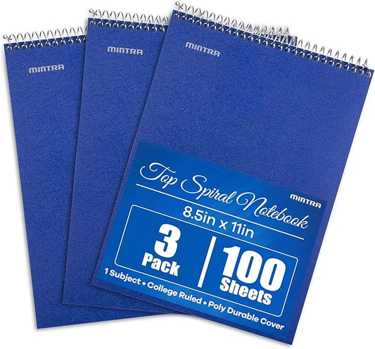 Mintra Office TOP BOUND Durable Spiral Notebooks (Blue, College Ruled 3pk)
