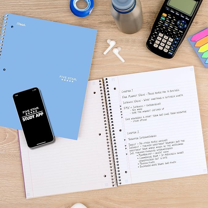 Five Star Spiral Notebook + Study App, 1 Subject, College Ruled Paper, 8.5" x 11", 100 Sheets, Blue (Color May Vary) (72565)