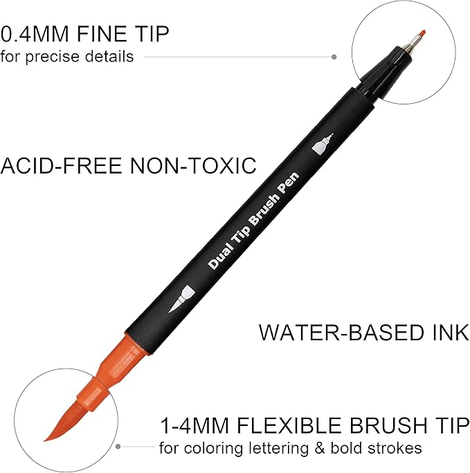Piochoo Dual Brush Marker Pens,24 Colored Markers,Fine Point and Brush Tip for Adult Coloring Books Bullet Journals Planners,Note Taking Coloring Writing