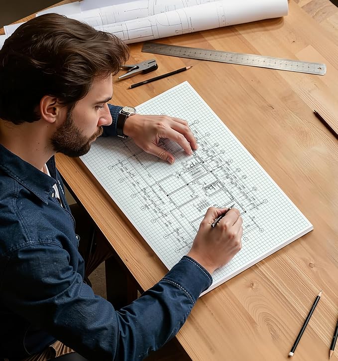 Engineering Graph Paper Pads, 11"x17 "Grid Paper, 4x4 Graph Ruled, 50 Sheets Landscape, Easy-Tear Glue-Bound, 11"x17" Cardboard Backing, for Drafting, Engineering, Architect Designers