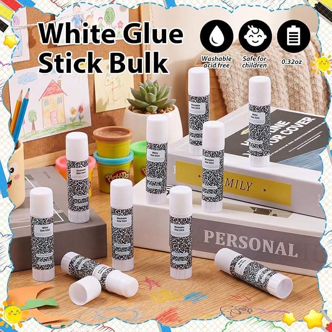 Zubebe 200 Pcs White Glue Stick Bulk Back to School Gifts First Day Sets 0.32 oz Washable Glue Stick for Crafts Home Classroom Prize Party Supplies Scrapbooking Crafting Supplies (Composition Book)