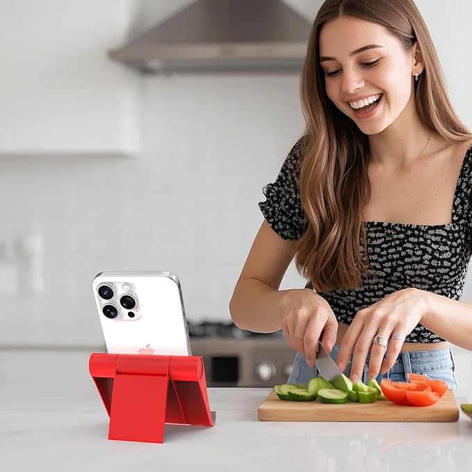 Cell Phone Stand for Desk, Foldable and Adjustable Multi-Angle Holder Dock, Universal Compatibility for Most Phone and Tablet, Portable and Sturdy Design for Office and Home (Red)