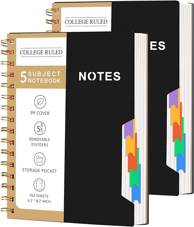 CAGIE 2 Pack Spiral Notebooks for School Work with Removable Dividers Tabs, Small A5 5 Subject Notebook College Ruled, Lined Journaling Notebook for Women Men Writing, Black
