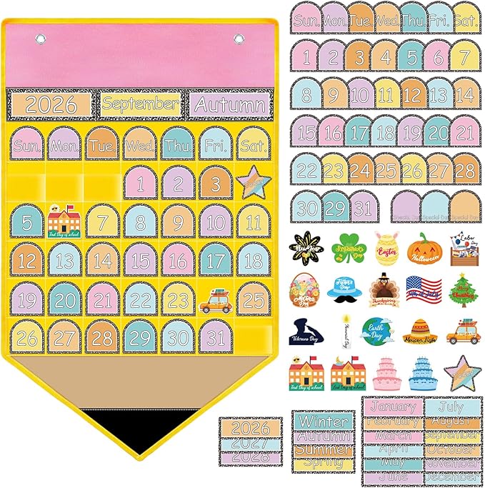 AnyDesign Pencil Calendar Pocket Chart with 80 Reusable Back to School Cards Learning Circle Time Calendar Classroom Daily Schedule Pocket Chart for Homeschool Preschool Office Teacher Supplies