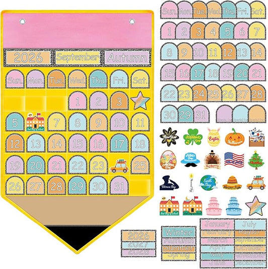AnyDesign Pencil Calendar Pocket Chart with 80 Reusable Back to School Cards Learning Circle Time Calendar Classroom Daily Schedule Pocket Chart for Homeschool Preschool Office Teacher Supplies