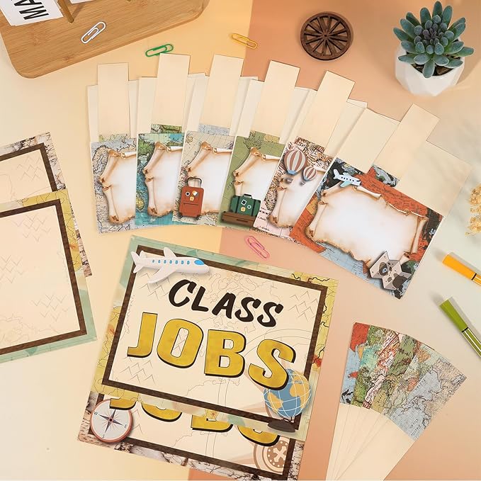 112 Pcs Travel Theme Bulletin Board Decor Adventure Class Jobs Chart for Classroom Bulk with 48 Pockets & 60 Cards Teacher's Helper Posters Writable Labels for Class Management & School Supplies