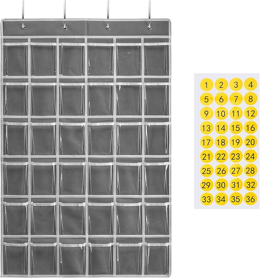 SAVERHO 36 Clear Pockets Classroom Pocket Chart for Cell Phones and Calculator Holder, Pocket Chart for Classroom Phone Holder with Number Stickers and Hooks (Grey)