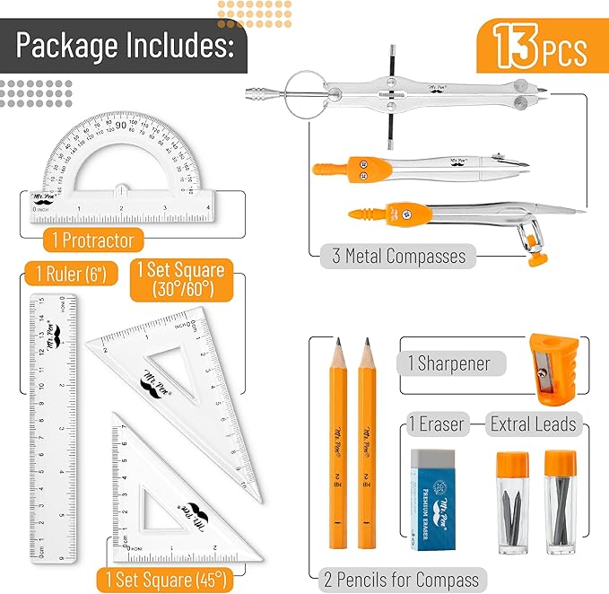 Mr. Pen- Geometry Set, 13 pcs, 3 Metal Compasses, Protractor, 6" Ruler, 45° & 30°/60° Set Squares, Pencils, Lead Refills, Sharpener & Eraser for Math, Drafting & Classroom Use