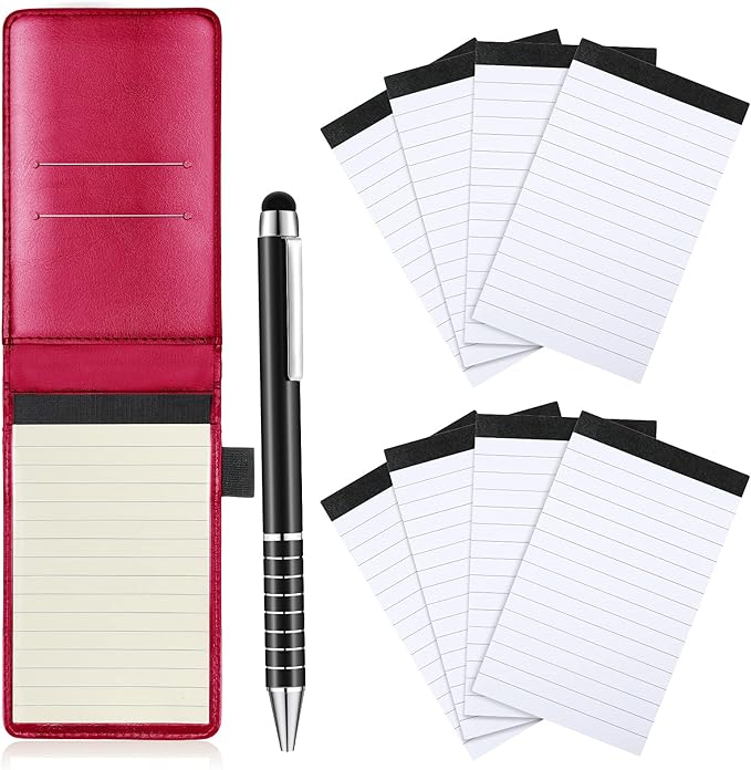 Outus 10 Pcs Mini Pocket Notepad Holder Set Included Small Leather Pocket Notebook Holder with 50 Lined Sheets, Metal Pen, 8 Pcs 3 x 5 Inch Memo Book Refills, 30 Lined Paper Per Note Pad (Rose Red)