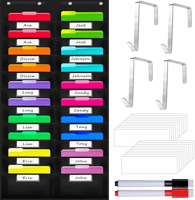 Vantasii Nylon Storage Pocket Chart with 20 Name Tag Pockets, Hanging Wall File Organizer, 4 Hooks and 20 Blank Cards, Organize Your Assignments, Files, Scrapbooks, Paper (28.5”x 47”) …