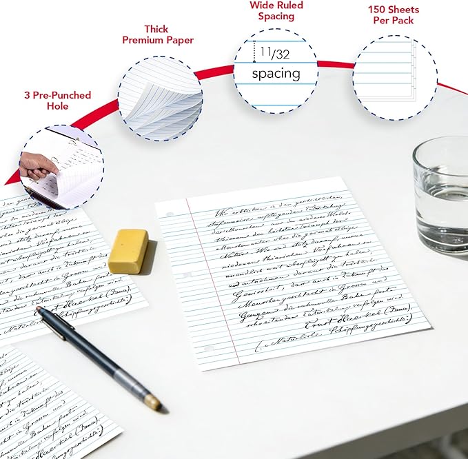 Kaisa Notebook Paper USA-Made Loose Leaf Paper, 24 Pack 3600 Sheets 8"x10.5" Wide Ruled - 3-Hole Punched Bulk Filler Paper for 3-Ring Binder, 150 Sheets/Pack, Wholesale Available(24Pack-Wide)
