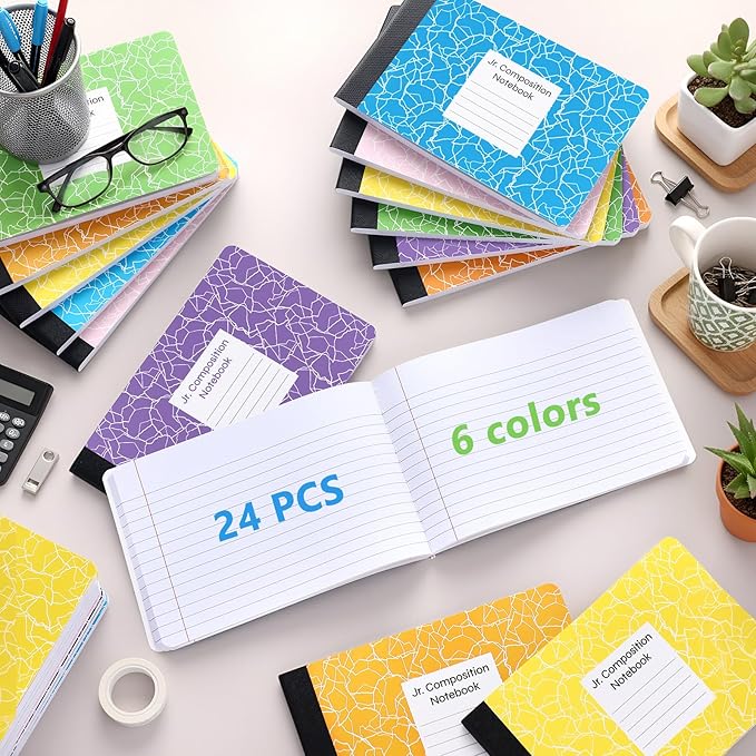 Resurhang 24 Pcs Jr. Composition Notebooks Colored Marble Half Size 4-7/8 x 7-1/2 Inches Composition Notebook 80 Sheet Marble Wide Ruled Assorted Primary Cover Notepad Bulk (Bright Color)
