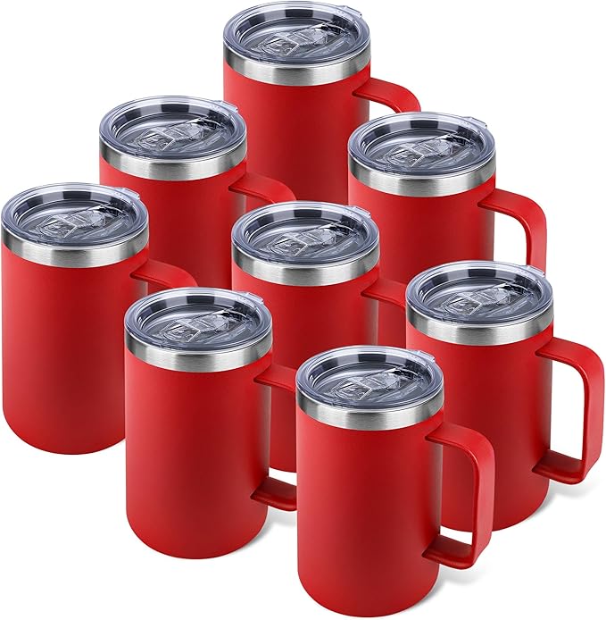 22oz Insulated Coffee Mug with Handle & Leak-Proof Lid - Double Wall Stainless Steel Travel Tumbler Bulk for Commute/Office/Home, Red, 8 Pack