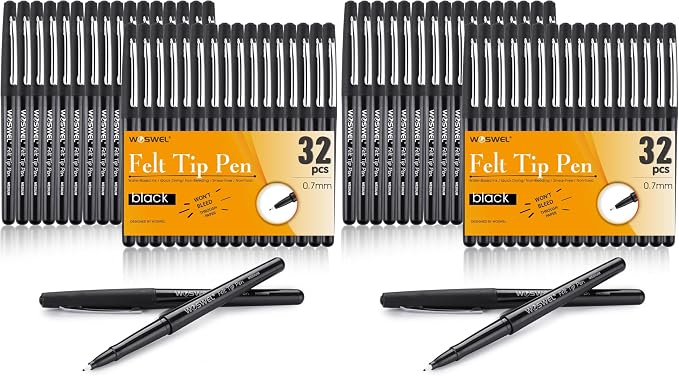 WOSWEL Black Felt Tip Pens, 32 Black 0.7mm Medium Point Felt Tip Markers Pen for Journaling, Note Taking, Planner, Writing,Drawing.Perfect for Art Office and School Supplies (Pack of 2)
