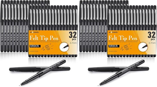 WOSWEL Black Felt Tip Pens, 32 Black 0.7mm Medium Point Felt Tip Markers Pen for Journaling, Note Taking, Planner, Writing,Drawing.Perfect for Art Office and School Supplies (Pack of 2)
