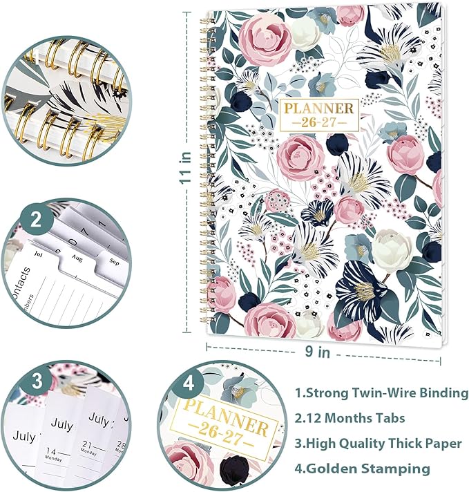 Planner 2026-2027 - Academic Planner 2026-2027, Jul. 2026 - Jun. 2027, Weekly and Monthly with Tabs, 26-27 Calendar Planner, 9" x 11", Back Pocket + Thick Paper + Twin-Wire Binding - Petunia