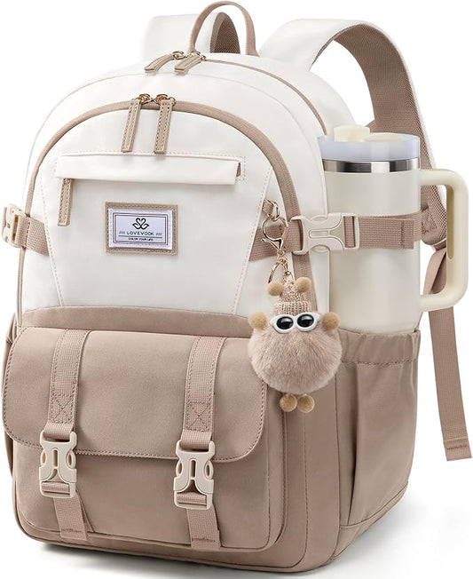 LOVEVOOK School Backpack for Teen Girls, Bookbag for 8-16 Student, Middle High College Back to School Cute Kids Backpack, 15.6 Inch, Khaki-beige