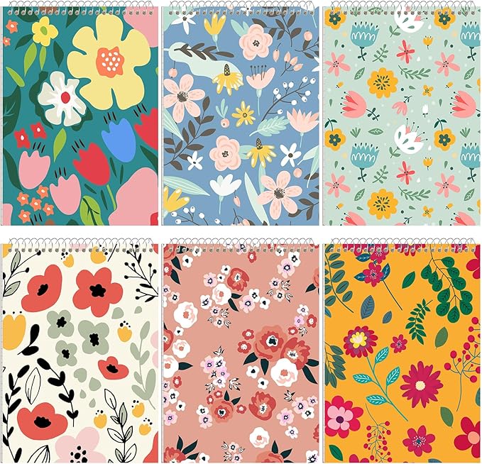 Resurhang 6 Pack 8.5 x 11'' Top Bound Office Steno Book Wide Ruled Double Sided Spiral Notebooks Reliable White Paper 70 Sheets/Pad Pastel Colors Covers for Writing School Notes (Floral Color)