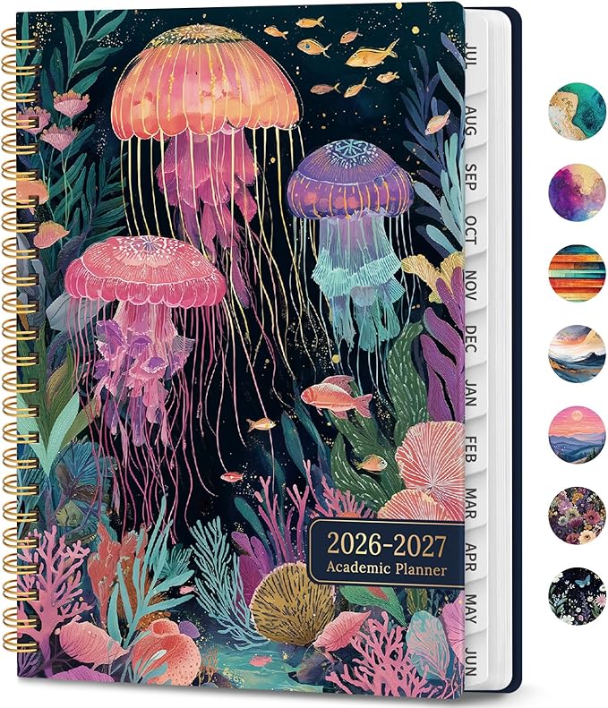 Academic Planner 2026-2027, Weekly and Monthly Calendar Book, July 2026 – June 2027, Hardcover Planner with Tabs, Perfect for Teachers, Students, Women & Men, A5 (6.4" x 8.5") - Jellyfish