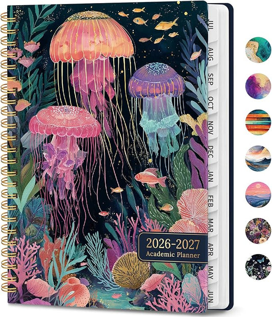 Academic Planner 2026-2027, Weekly and Monthly Calendar Book, July 2026 – June 2027, Hardcover Planner with Tabs, Perfect for Teachers, Students, Women & Men, A5 (6.4" x 8.5") - Jellyfish