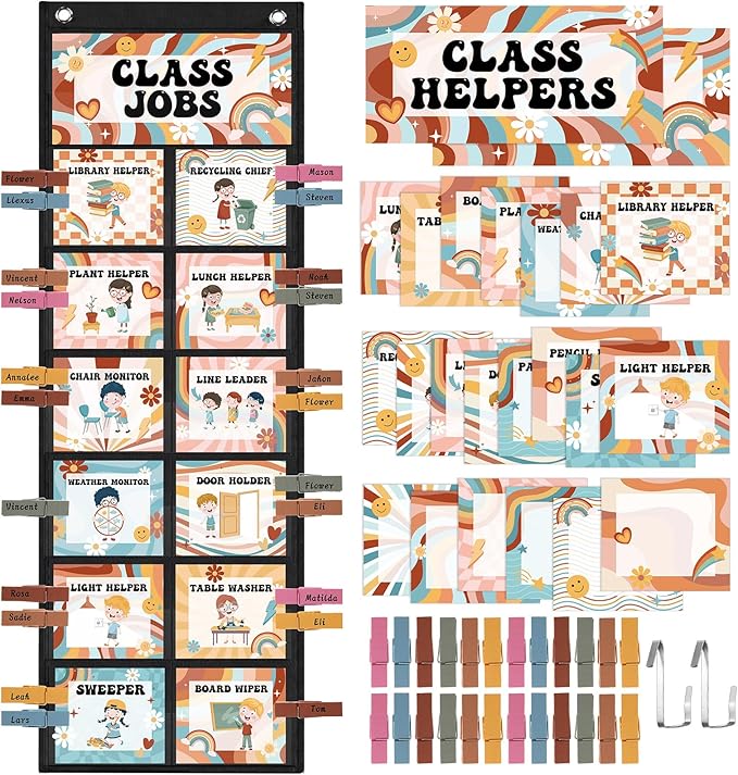 Pasimy Groovy Class Jobs Pocket Chart Class Helpers Pocket Chart Classroom Jobs Cards with Clips and Hooks Teacher Helper Bulletin Board Set for Back to School Classroom Teacher Supplies