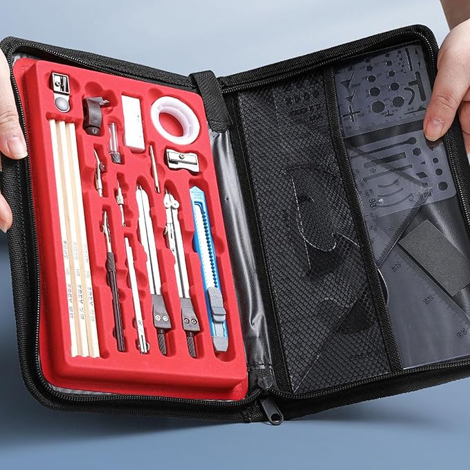 School Geometry Tool Set, Including Metal Geometry Tool, Divider, Set Square, Pencils, Eraser, Sharpener, Storage Bag