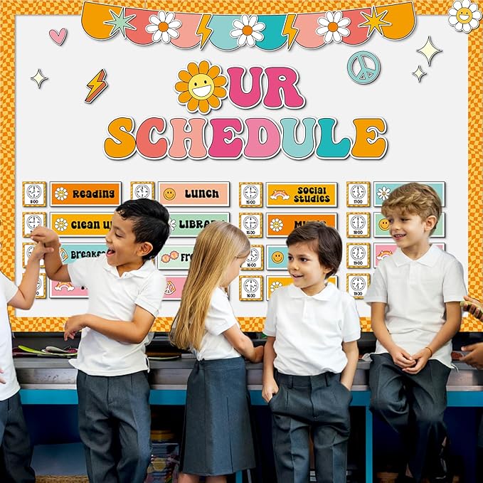Groovy Daily Schedule Bulletin Board Scheduling Classroom Bulletin Board Decorations Daily School Schedule Paper Cutouts Classroom Must Haves for Class Office Home Chalkboard Wall Door Supplies