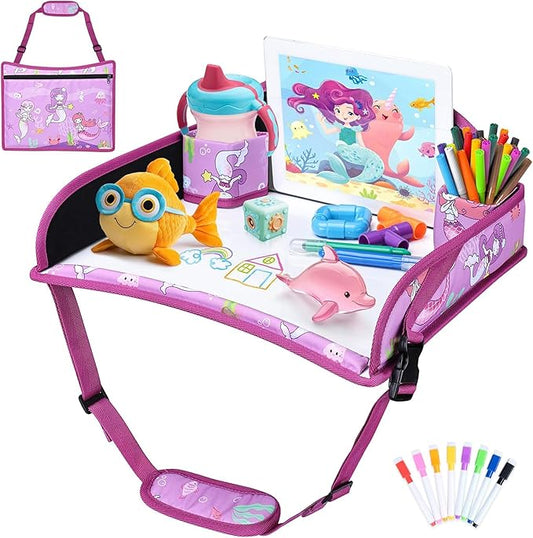 Kids Travel Tray for Toddler Carseat, Road Trip Activities Essentials, Kids Lap Desk Tray with Tablet Holder Stand and Dry Erase Board, Mermaid
