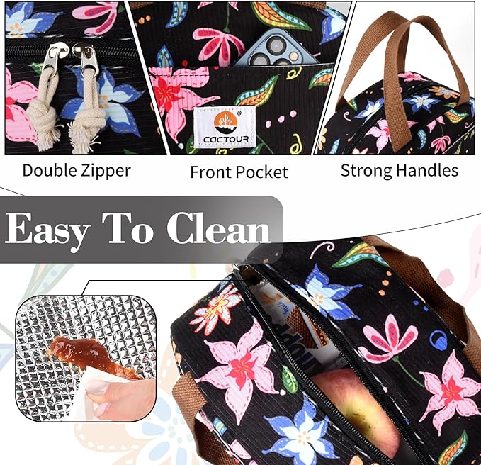 CaCTOUR Lunch Box Lunch Bag for Women Girls Teens, Cute Lunch Box Cooler Bag, Portable Small Insulated LunchBox Reusable Corduroy Lunch Tote for Work/Travel/Picnic/School - Floral