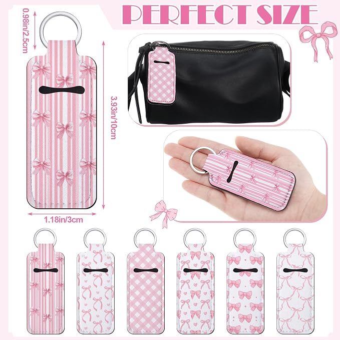 12 Pcs Pink Bow Lipstick Holder Keychain Bulk Cute Pocket Lip Balm Holder Keychain Backpack Purse Accessories for Women Lip Gloss Sleeve Pouch, 6 Style