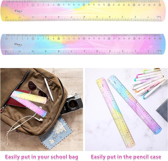 2 Pieces Flexible Ruler, Mabor 12inch Plastic Ruler Shatterproof Straight Edge Ruler Soft Bendable Ruler for School Classroom Office Kids & Adults