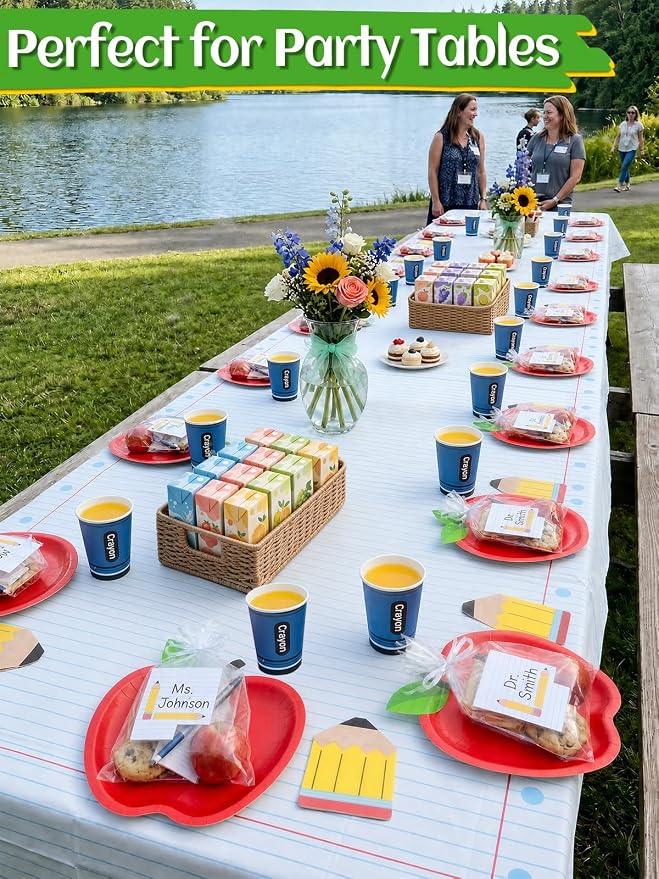 Alphatool Back to School Party Tableware Decoration Set Serves 24 Guests | 24 Set Paper Plates Pencil Napkins Cups, 2 Pcs Tablecloths and Banners for First Day of Preschool