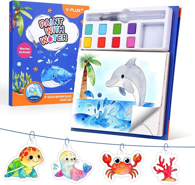 YPLUS Paint with Water Coloring Book for Toddlers, Mess Free Watercolor Painting Set with Brush, 26 Pages & 8 Color Palettes, DIY Art Craft Travel Toy Gift for Kids Ages 1-3 2-4 4-6 (Sea Animals)