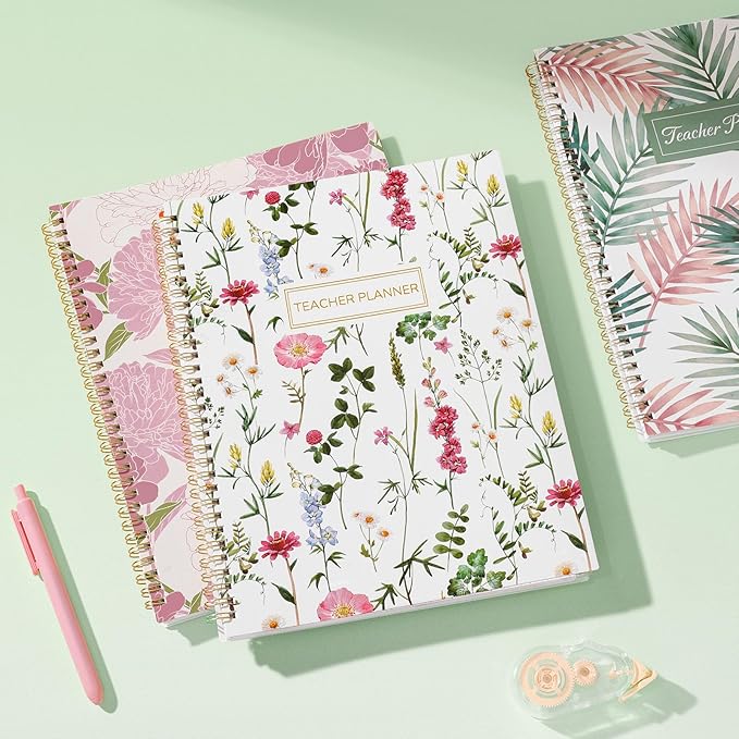 SUNEE Teacher Planner 2026-2027 Academic Year, 7 Periods Lesson Plan Book Jul 2026 - Jun 2027, 8.5"x11"Daily Weekly Monthly Organizers Horizontal Layout with Calendars, Bookmark, Tabs, Wildflowers