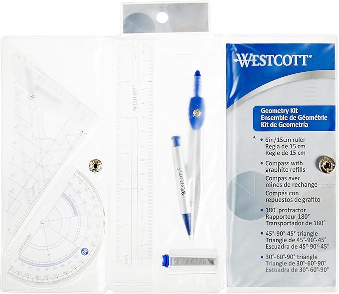 Westcott Six Piece Geometry Tool Kit with Pouch, Assorted Colors, (14564)