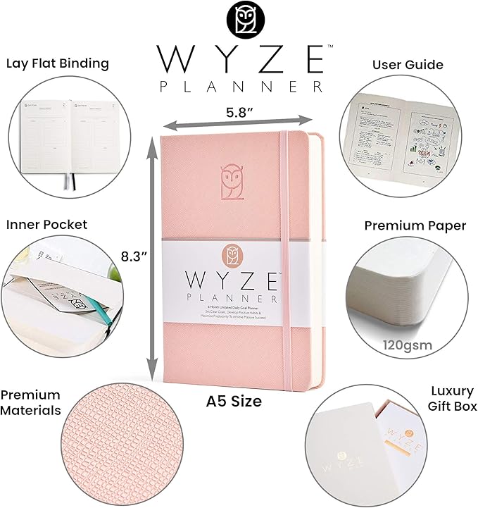 Wyze Planner Undated Daily Planner – 6-Month A5 Productivity Organizer with Full Page Per Day, ADHD Friendly, Hourly Schedule, Goal Setting, Habit Tracker, Weekly & Monthly Pages – Hardcover Time Management Notebook (Pink)
