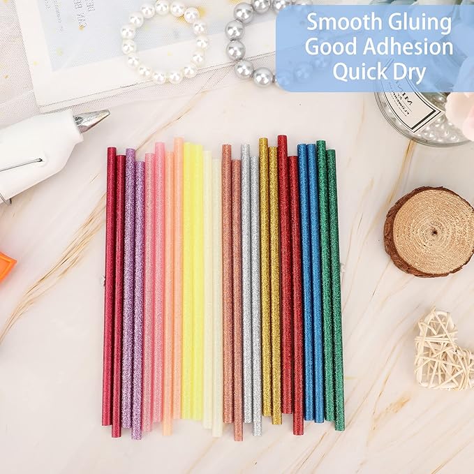 Glitter Color(12 * 2) Hot Glue Sticks, 24PCS Mini Size 0.27" Dia x 8" Long Hot Melt Glue Stick Colored, All Temperature Adhesive EVA Glue Sticks for Repairing Sealing Stamp DIY Art Craft